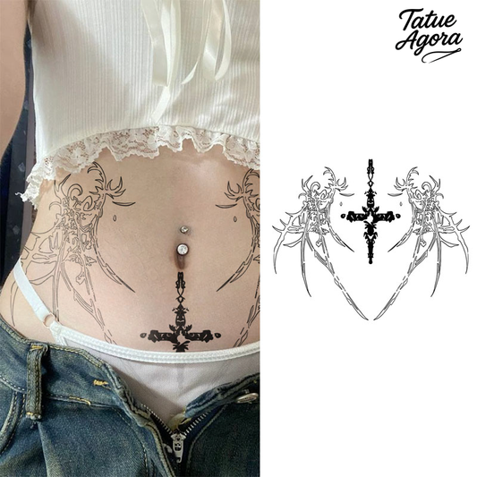 Cruz Gótica Simétrica com Espinhos – Tatuagem Temporária Sensual à Prova d’Água