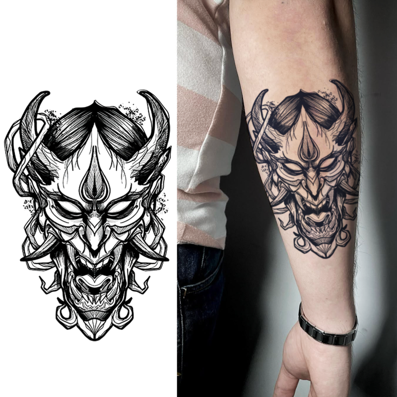 Tatuagem Temporária Máscara Oni Japonesa – Tattoo Samurai Realista à Prova d’Água dura até 15 dias