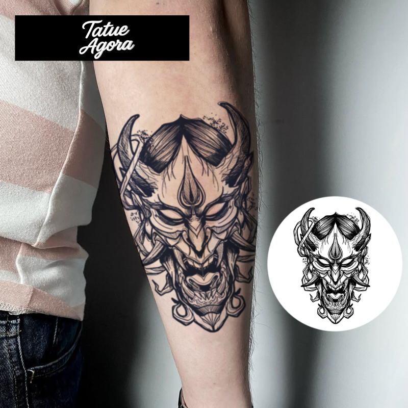 Tatuagem Temporária Máscara Oni Japonesa – Tattoo Samurai Realista à Prova d’Água dura até 15 dias