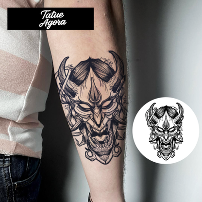 Tatuagem Temporária Máscara Oni Japonesa – Tattoo Samurai Realista à Prova d’Água dura até 15 dias