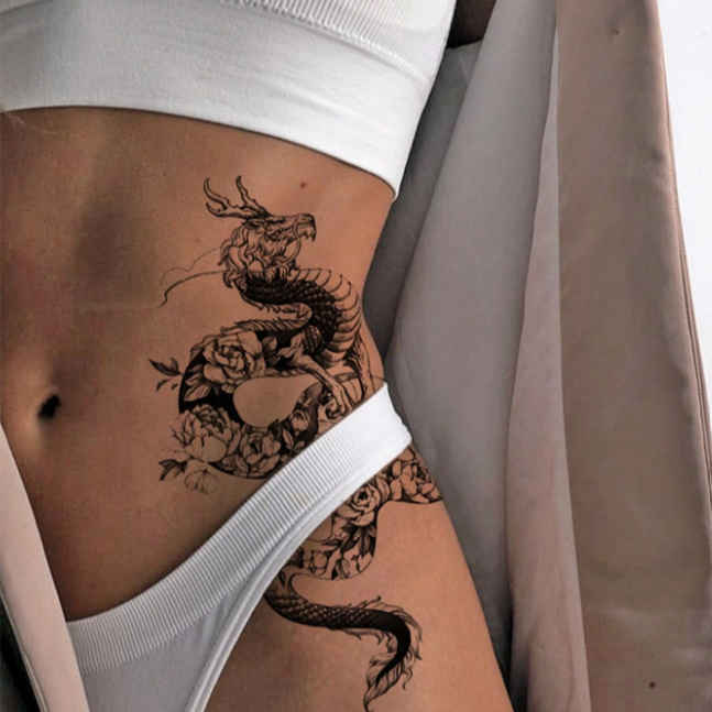 Tattoo Temporária Dragão Floral — Equilíbrio de Força e Beleza até 15 dias sem apagar