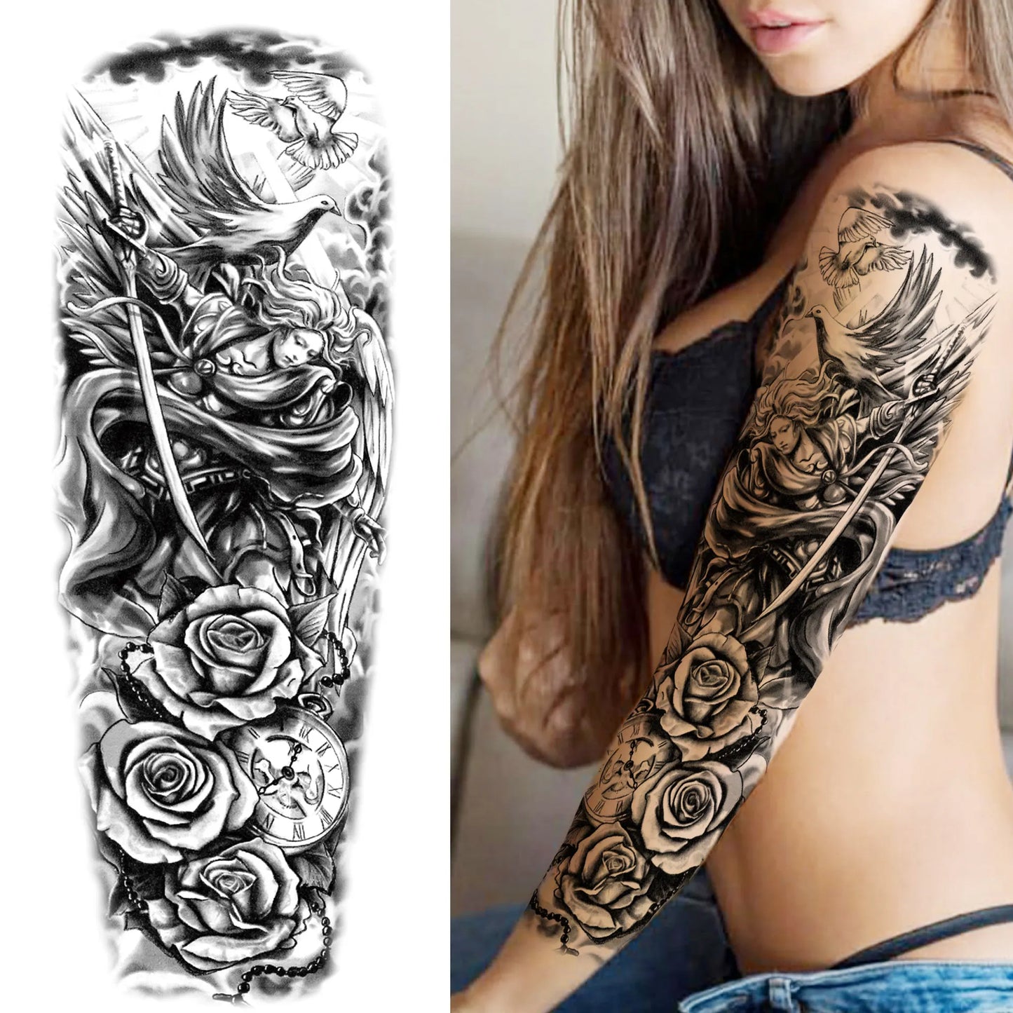 Arcanjo Guerreiro, Rosas e Relógio | Tattoo Temporária braço completo