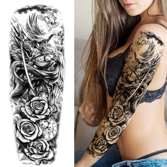 Arcanjo Guerreiro, Rosas e Relógio | Tattoo Temporária braço completo