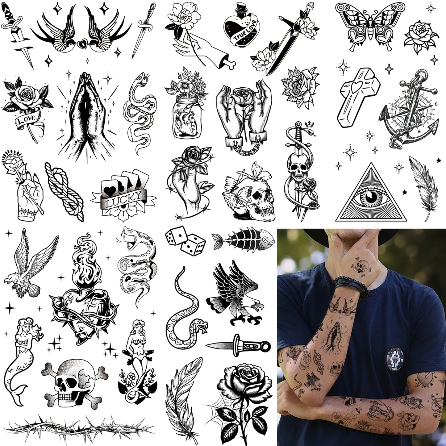 Kit 6 Tattoos Semi-permanentes - Old School, Duram até duas semanas