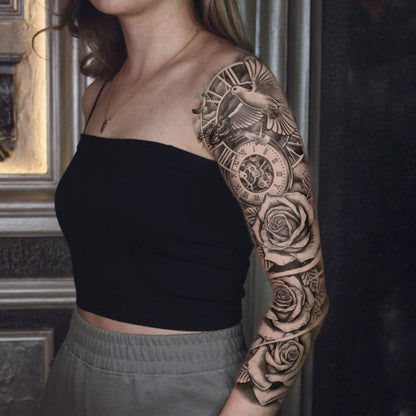 Design com Flores, Relógio e Pássaros - Tatuagem temporária