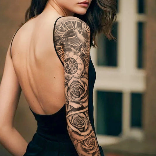 Design com Flores, Relógio e Pássaros - Tatuagem temporária