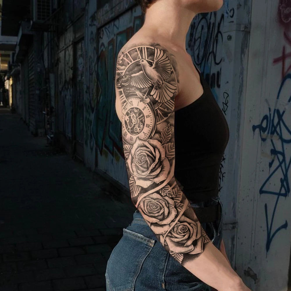 Design com Flores, Relógio e Pássaros - Tatuagem temporária