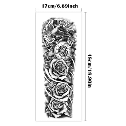 Design com Flores, Relógio e Pássaros - Tatuagem temporária
