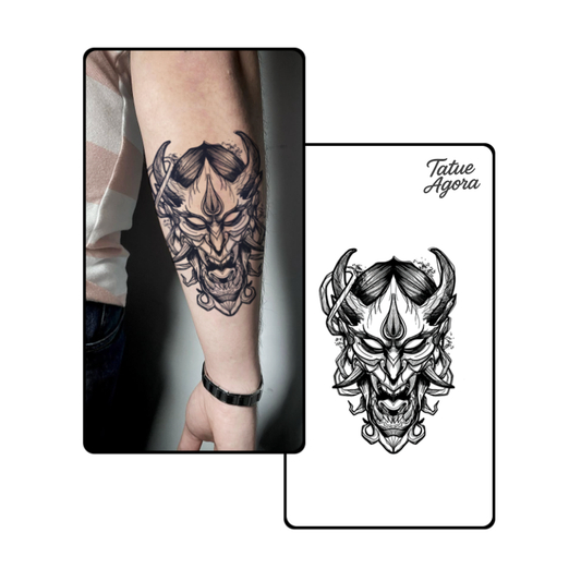 Tatuagem Temporária Máscara Oni Japonesa – Tattoo Samurai Realista à Prova d’Água dura até 15 dias