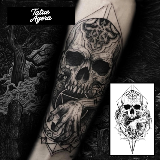 Tattoo Temporária – Caveira Mística & Mão da Escuridão até 15 dias sem desmanchar