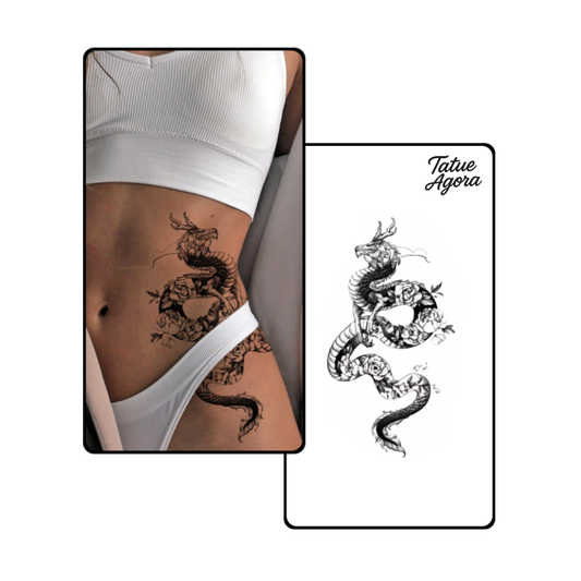 Tattoo Temporária Dragão Floral — Equilíbrio de Força e Beleza até 15 dias sem apagar