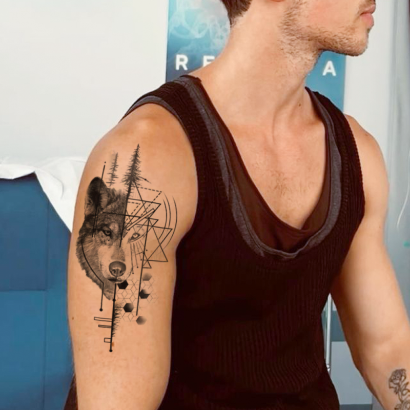 Tatuagem Temporária Lobo Geométrico Tribal – Tattoo Realista Selvagem à Prova d’Água dura até 15 dias